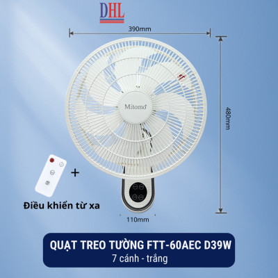 Quạt treo tường FTT-60AEC-D39W có remote, công suất 60W, hẹn giờ thông minh lên đến 12 tiếng - hàng chính hãng Bảo hành 2 năm