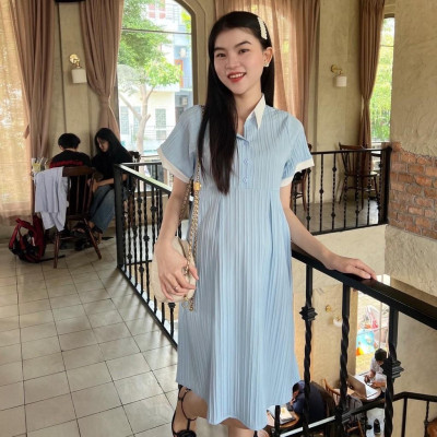 Đầm bầu babydoll đũi gân cổ sơ mi thanh lịch, phối màu bầu diện dễ thương