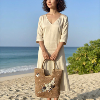 Giỏ Cói Giấy Mềm Dáng Tote Gắn Vỏ Sò, Giỏ Cói Tote Lan Châu ACC142