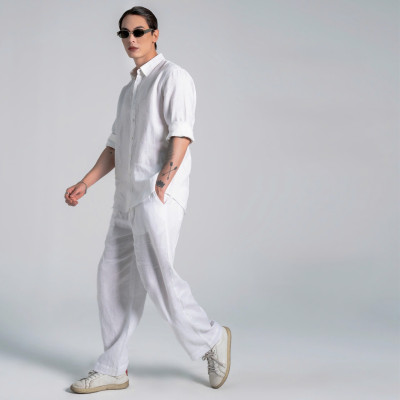 Set Bộ Sơ Mi Nam Basic Áo Dài Tay Mix Quần Suông Ống Rộng Vải Linen Sợi Tự Nhiên Mát Mẻ