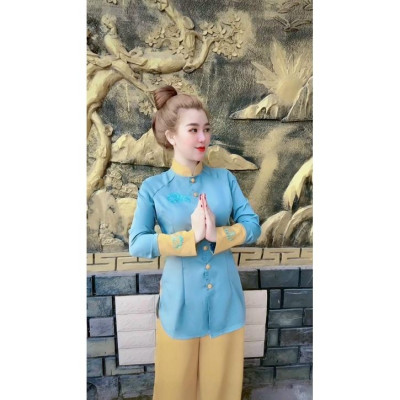 Đồ Lam Đi Chùa Cao Cấp # Phối 2 Màu Thêu Hoa Sen