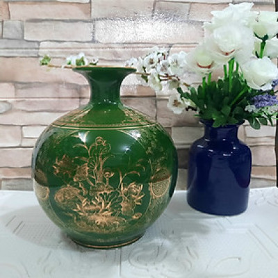 Bình hút tài lộc phong thủy họa tiết tứ cảnh (bốn mùa ) vẽ vàng, gốm sứ Bát Tràng cao cấp (H26 x D24cm) 