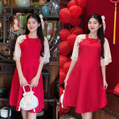 Đầm bầu thiết kế kiểu Áo dài cách tân Chất Cotton Lạnh đính nơ xinh xắn, thanh lịch