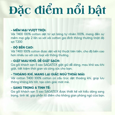 Bộ Ga Gối Tiêu Chuẩn Khách Sạn 5 Sao SAGATEX, 3 Sản Phẩm, Mềm Mịn, Nằm Mát, Sang Trọng
