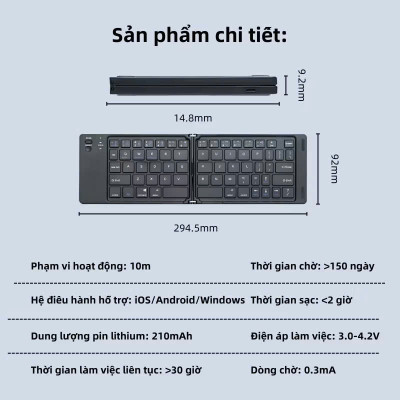 Bàn phím Bluetooth rời gấp gọn dành cho Windows, Mac, iOS và Android kết nối điện thoại, laptop, máy tính bảng - Hàng chính hãng