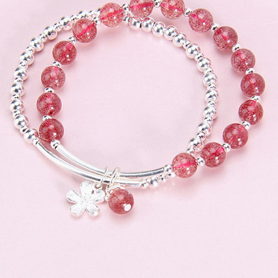 Vòng tay 2 line đá thạch anh dâu phối charm hoa bạc mệnh hỏa, thổ - Ngọc Quý Gemstones