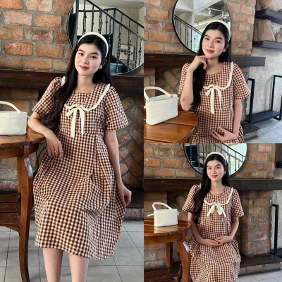 Đầm bầu Karo xếp ly cổ viền bèo xinh xắn, nhẹ nhàng baby nhẹ nhàng đáng yêu