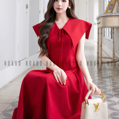 Đầm đỏ xếp ly cổ thuỷ thủ NGADO , đầm dài , đầm kiểu , đầm công sở , dự tiệc