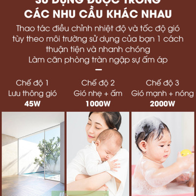 Máy sưởi ấm phòng ngủ, quạt sưởi gốm cho phòng 25m2, máy sưởi mini nóng nhanh an toàn cho trẻ em - Hàng chính hãng