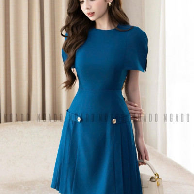 Đầm xanh cổ tròn xếp ly NGADO , đầm nữ , đầm kiểu , đầm công sở , dự tiệc