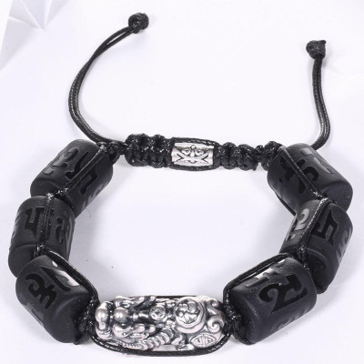 Vòng tay đá obsidian đốt trụ lục tự đại minh chú mix tỳ hưu bạc 16x12mm mệnh thủy, mộc - Ngọc Quý Gemstones