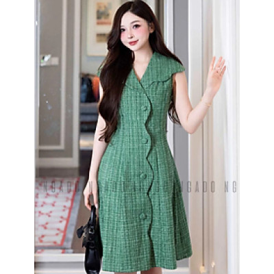 Đầm tweed xanh cổ vest NGADO , đầm ngắn dự tiệc