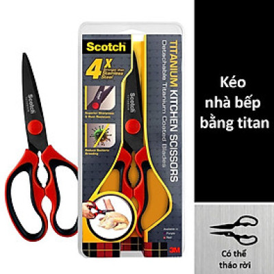 Kéo nhà bếp Scotch 3M tay cầm màu đỏ cao cấp có thể tháo rời, lưỡi kéo sắc bén, chống gỉ sét, kháng khuẩn KS-DTR, Red