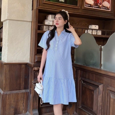 Đầm Bầu Công Sở Cổ Sơ Mi Phối Túi Thêu Phom Đuôi Cá Dễ Thương