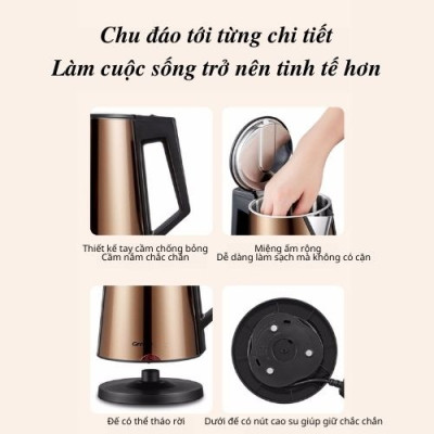 Ấm đun siêu tốc 2 lớp cách nhiệt Grelide D2017k ( 1.7L) hàng chính hãng- thân bình bằng thép không gỉ, lòng ruột đúc inox nguyên khối. 