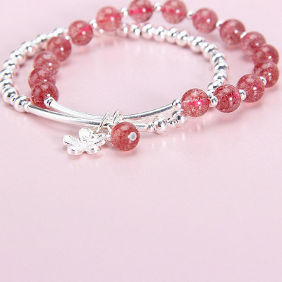 Vòng tay 2 line đá thạch anh dâu phối charm hoa bạc mệnh hỏa, thổ - Ngọc Quý Gemstones