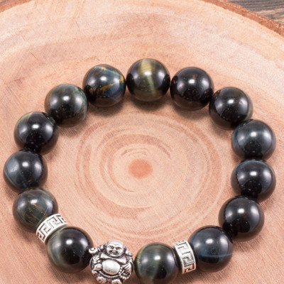 Vòng tay thạch anh mắt hổ xanh đen phối charm phật di lặc (12mm) Ngọc Quý Gemstones
