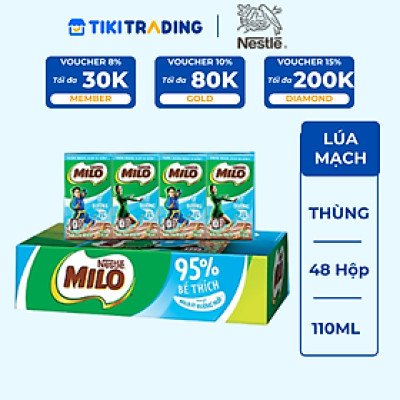 Sữa lúa mạch Nestlé MILO ÍT ĐƯỜNG - thùng 48 hộp x 110ml