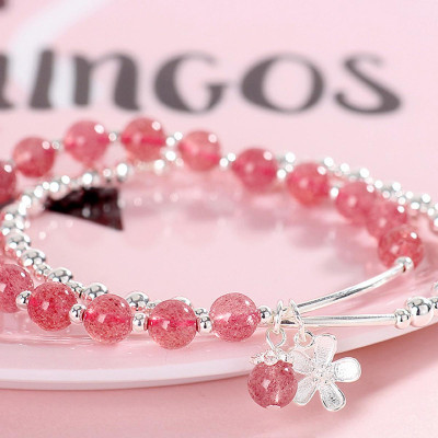 Vòng tay 2 line đá thạch anh dâu phối charm hoa bạc mệnh hỏa, thổ - Ngọc Quý Gemstones