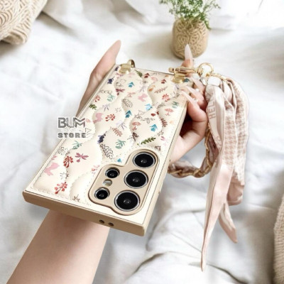 Ốp Lưng TPU Chỉ Nổi Họa Tiết Hoa Kèm Quai Khăn Lụa Sang trọng Cho Samsung S25 Ultra / S24 Ultra / S23 Ultra