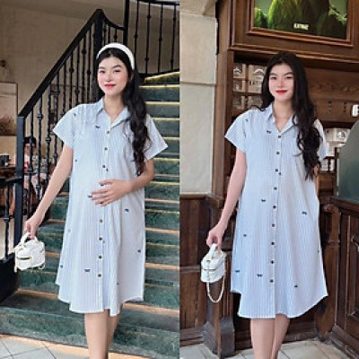 Đầm Bầu Form Dáng Sơ Mi Sọc Xinh Chất Cotton Lụa Mềm Mát, Váy Bầu Cá Tính Size M L