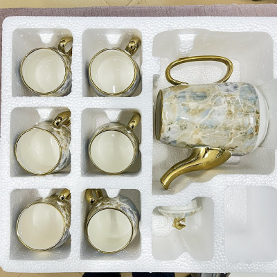 Bộ ấm chén, bình trà cao cấp men vân đá viền mạ vàng 24k đế xoay 360d