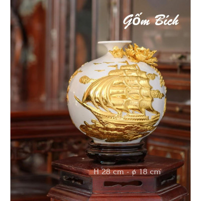 Bình Hút Tài Lộc Thuận Buồm Xuôi Gió Dát Vàng Bình Phong Thủy Tài Lộc Gốm Sứ Bát Tràng - Gốm Bích