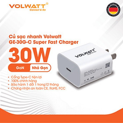 Củ sạc nhanh  Volwatt GE-30G-C Super Fast Charger dùng cho iPhone/ Samsung/ OPPO... (30W, Type C, PD/ QC3.0 Quick charger) - Hàng chính hãng - Bảo hành 12 tháng
