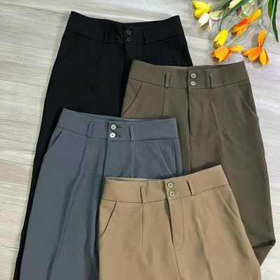 Quần Baggy Nữ Dáng Dài Vải Hàn Quốc Không Nhăn Phong Cách Sang Trọng & Thanh Lịch Kem Kaki Nhung Voi Lưng Cao