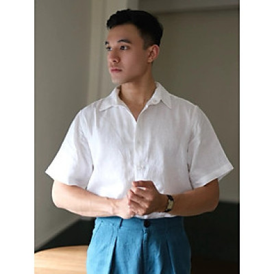 Áo sơ mi nam cổ bẻ ngắn tay vải Linen Premium cao cấp mặc thoáng mát