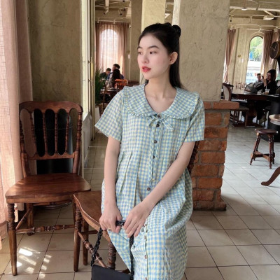 Đầm bầu karo cổ bèo thắt nơ dáng suông dễ thương, trẻ trung, năng động Nữ Women