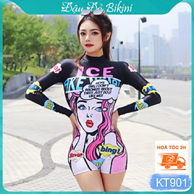 Bộ Đồ Bơi  Nữ  Liền Thân Quần Đùi Tay Dài, Chống Nắng Tối Ưu, Khóa Kéo Sau Tiện Lợi, Chất Vải Thun Lạnh Co Giãn Cao, Nhanh Khô - Phom Dáng Ôm Gọn, Tôn Dáng | KT901