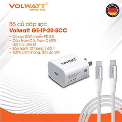 Bộ củ cáp sạc nhanh Volwatt GE-20-SCC 20W hàng chính hãng | Adapter PD Type-C + Cáp Type-C to Type-C 60W, dài 1m – BH 12 tháng