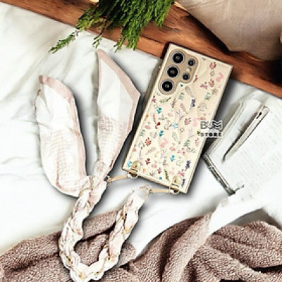 Ốp Lưng TPU Chỉ Nổi Họa Tiết Hoa Kèm Quai Khăn Lụa Sang trọng Cho Samsung S25 Ultra / S24 Ultra / S23 Ultra