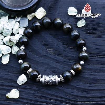 Vòng thạch anh mắt hổ xanh đen phối charm lục tự bạc mệnh thủy, mộc - Ngọc Quý Gemstones