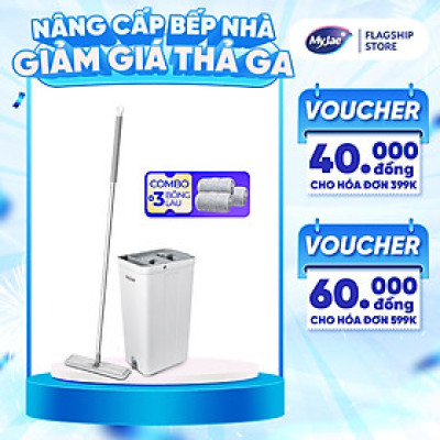Combo 3 Bông Lau + 1 Bộ Lau Nhà MyJae Đài Loan Sợi Microfiber 2 Ngăn Tự Vắt Xoay 360 Độ Thông Minh 123cm