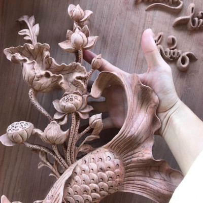 Cặp tranh điêu khắc treo tường tích lý ngư vọng nguyệt đẹp long lanh  bằng gỗ hương đá kt 47×147×10cm