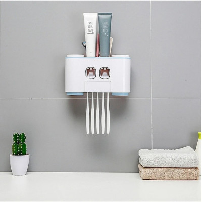 Hộp kệ đựng bàn chải kem đánh răng kèm 4 cốc 2 cửa nhả kem đánh răng thông minh dán tường vô cùng chắc chắn không cần khoan tường hay dùng ốc vít E-1802
