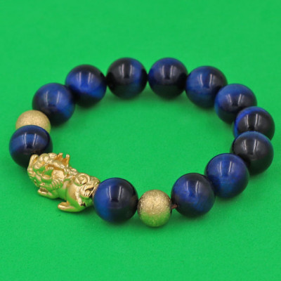 Vòng đeo tay Đá Mắt Hổ Xanh Đen 12 ly - cẩn Tỳ Hưu Phong Thủy inox vàng VMHXETHHBV12 - hợp mệnh Mộc, mệnh Thủy