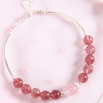 Vòng tay đá thạch anh dâu phối charm ống bạc mệnh hỏa, thổ - Ngọc Quý Gemstones