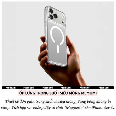 ốp lưng siêu mỏng 0.3mm sạc từ tính bảo vệ camera trong suốt chống ố vàng cho iPhone 17 Pro Max / 17 Air / iP 17 Pro / 17 hiệu Memumi Slim Magnetic Clear - Chống trầy xước, độ trong full HD, sạc không dây nam châm N52 - Hàng nhập khẩu