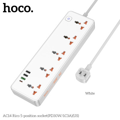 Ổ cắm điện cao cấp đa năng công suất cao 2500W, với 3 cổng USB và 1 cổng Type-c, 5 ổ cắm tiện lợi hỗ trợ sạc nhanh chống cháy, nổ AC14 - Hàng nhập khẩu (màu ngẫu nhiên)
