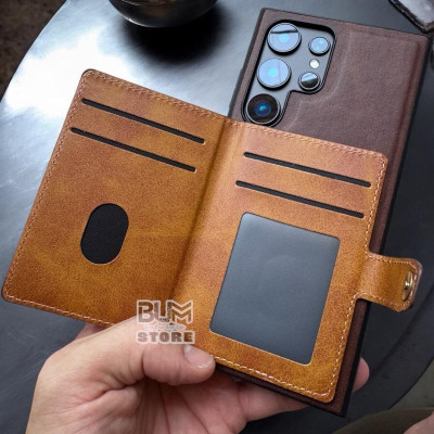 Ốp Lưng Cho Samsung S25 Ultra / S24 Ultra / S23 Ultra Da Simili Có Ngăn Để Thẻ Có Quai Gài - BUM STORE GALAXY CASE