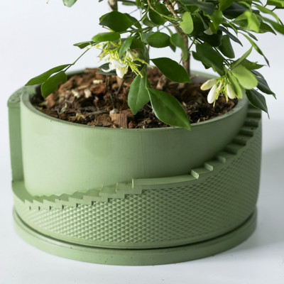 Chậu cây xi măng bậc thang hoạ tiết Trống Đồng Đông Sơn, ngang 18.4cm cao 8,5 cm, Chậu cây để bàn cho hoa, cây cảnh, ban công, bonsai