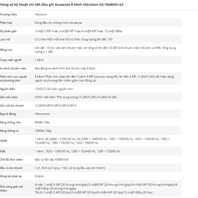 Đầu ghi camera IP 8 kênh HIKVISION DS-7608NXI-K2 Ultra HD 4K 8MP AI nhận diện khuôn mặt ,.-Hàng chính hãng