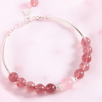 Vòng tay đá thạch anh dâu phối charm ống bạc mệnh hỏa, thổ - Ngọc Quý Gemstones