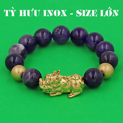 Vòng chuỗi đeo tay đá thạch anh tím than 14 ly ( size lớn ) charm tỳ hưu và bi inox vàng, vòng tay chuỗi hạt