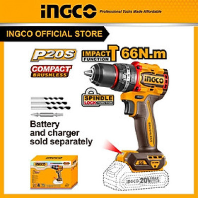 Mới 2024 - Máy khoan búa pin 20V ba chức năng có búa motor không chổi than, lực siết 66Nm (Thân máy) INGCO CIDLI206681