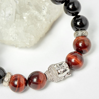 Vòng đá obsidian phối thạch anh mắt hổ nâu đỏ và charm phật hạt 10mm - Ngọc Quý Gemstones