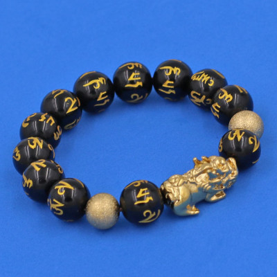 Vòng tay đá Thạch Anh Đen khắc Phật Chú 12 ly - cẩn Tỳ Hưu Phong Thủy inox vàng VTAEPVTHHBV12 - hợp mệnh Thủy, mệnh Mộc